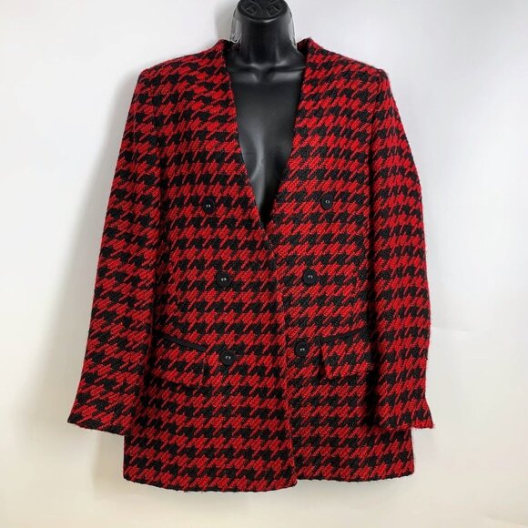 Zara Basics Women's‎ Houndstooth Wool Blend Double-Breasted Blazer Jacket Size L - Picture 1 of 12